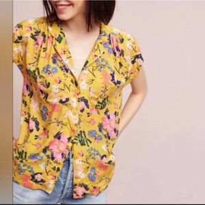 Maeve Yellow Floral Button Down Shirt Size Small